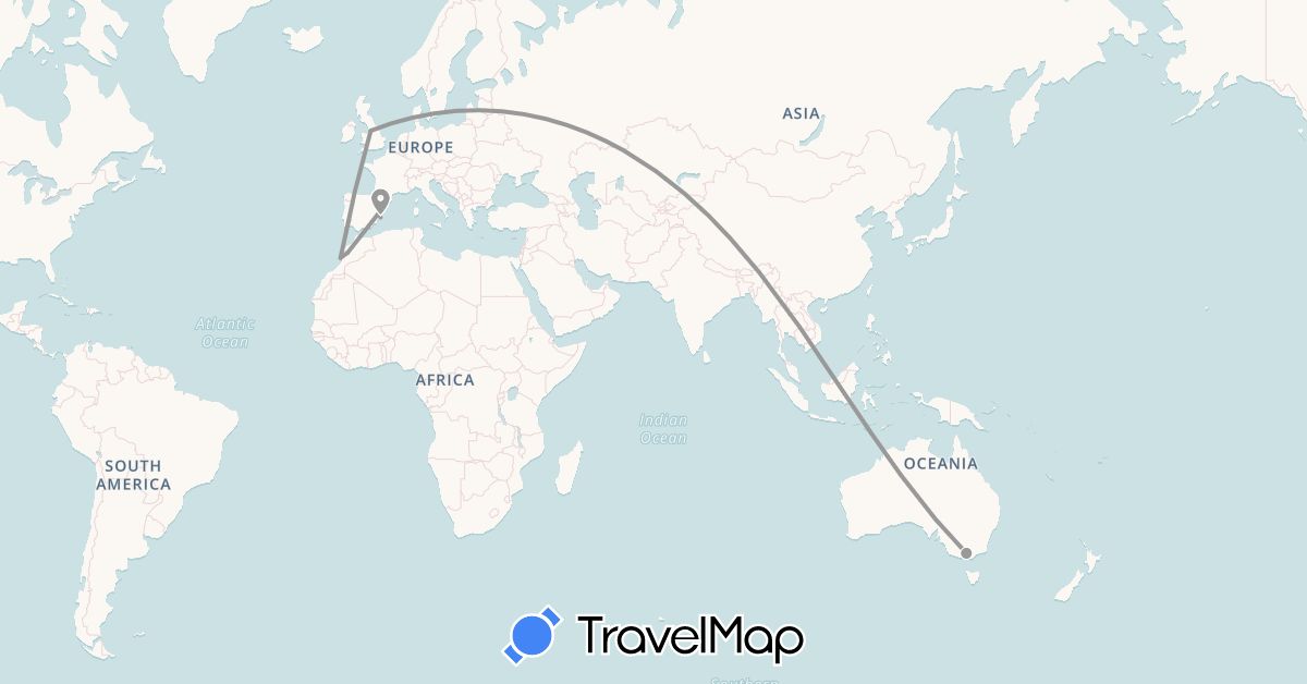 TravelMap itinerary: driving, plane in Australia, Spain, United Kingdom, Morocco (Africa, Europe, Oceania)